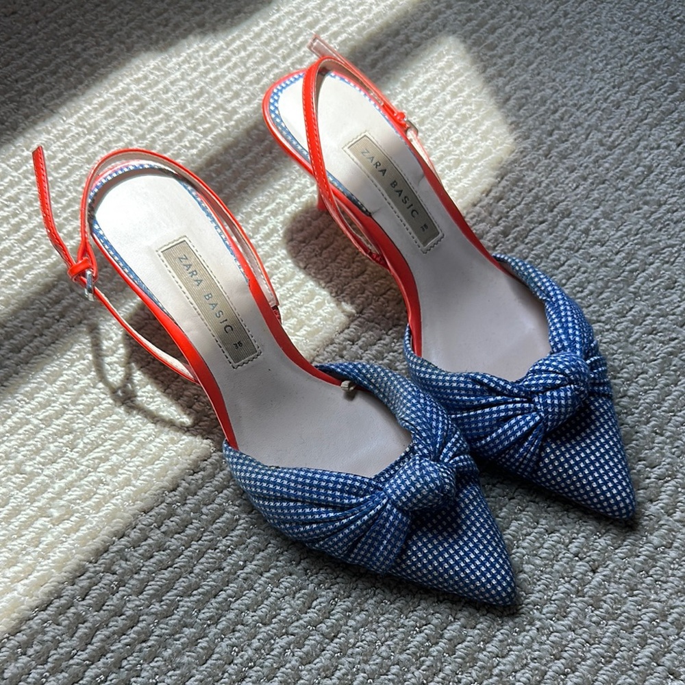 Zara Gingham Slingback Heels with Bow Detail